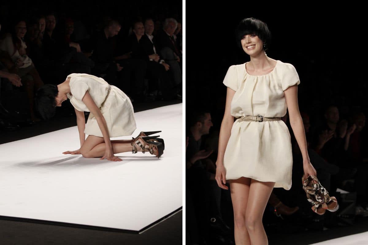 Agyness Deyn stumbles on the runway from front row at Naomi Campbell's Fashion For Relief Haiti NYC 2010 Fashion Show during Mercedes-Benz Fashion Week.