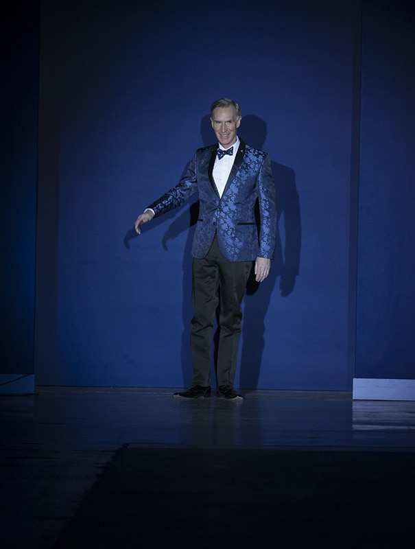 Bill Nye in Nick Graham dress walks runway for the blue jacket fashon show in support for prostate cancer awarness during New York Fashion week at Pier 59