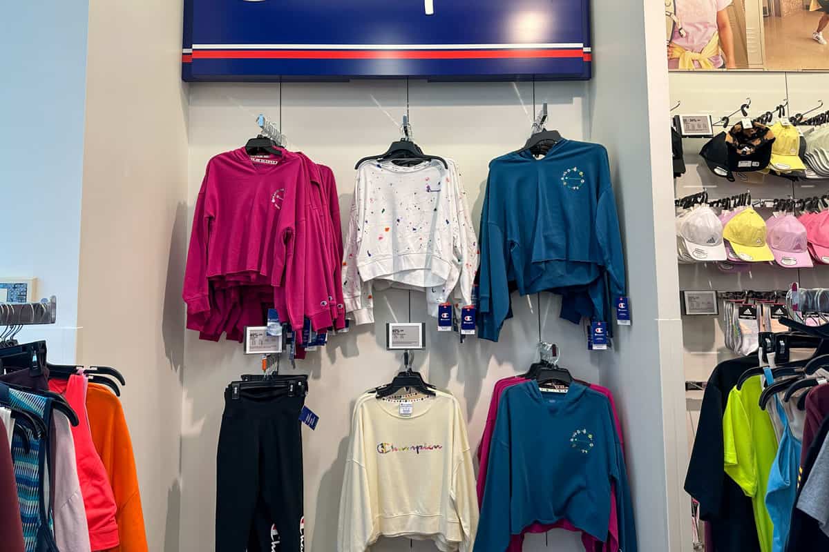 Champion brand clothing for sale on display at a Kohls department store. Popular athleisure brand with Gen Z