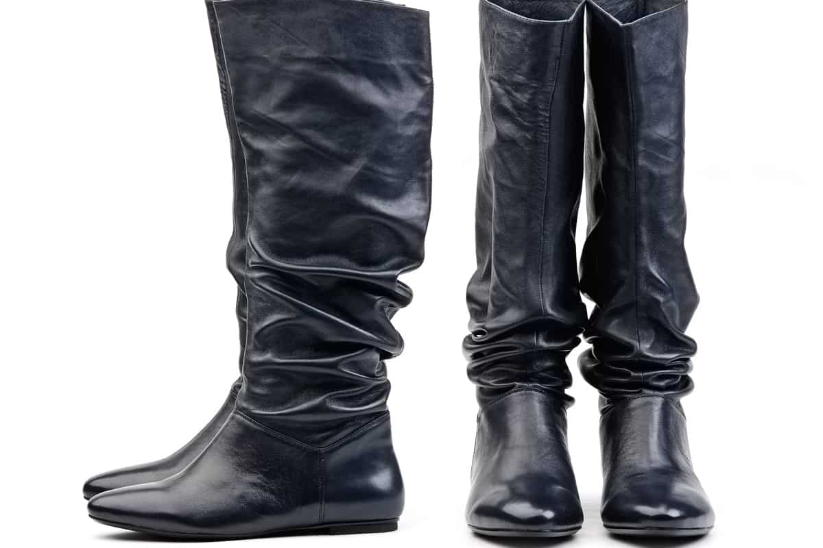 Front and side view of pair of black female boots on white background