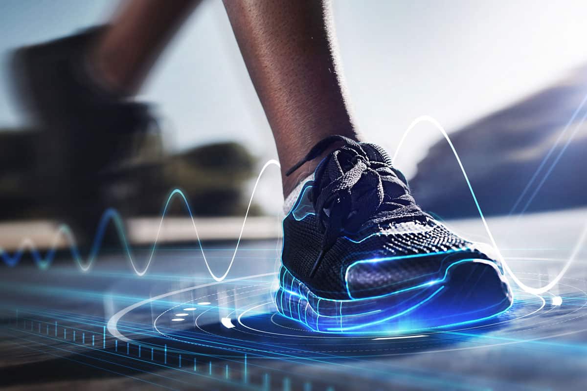 Hologram, shoes and sports for fitness, run and speed for health tracking outdoor. Future, sneakers and graphics for workout, exercise and balance for routine, training for marathon and wellness.
