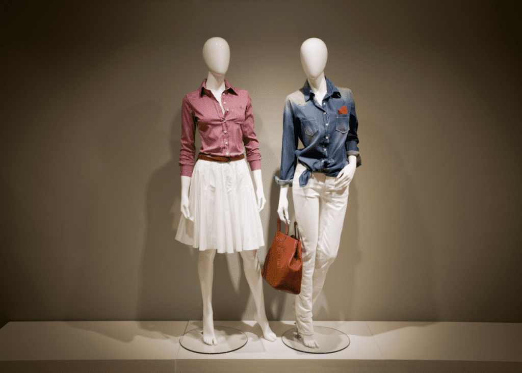 Photo full-length female clothes on a two mannequin with bag

