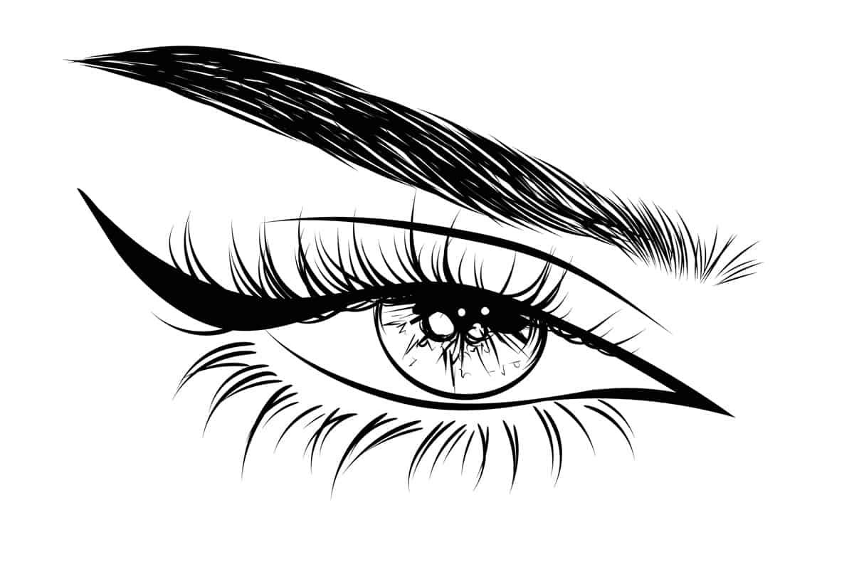 Trendy siren eye makeup look. Natural detailed eyebrows and eyelashes