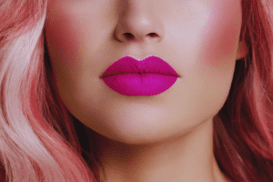 Close-up of woman's lips with fashion bright pink make-up. Beautiful female mouth, full lips with perfect makeup. Part of female face. Choice lipstick. Pink wavy hair of a Barbie doll