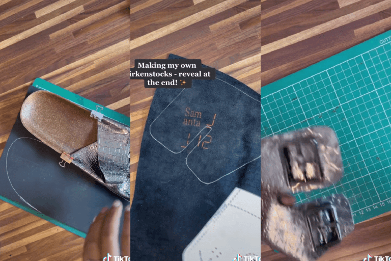 A collaged photo of a Tiktoker doing a DIY Birkenstock repair, Say Goodbye To Expensive Birkenstocks And Hello To DIY Sandals With This TikToker's Hack!