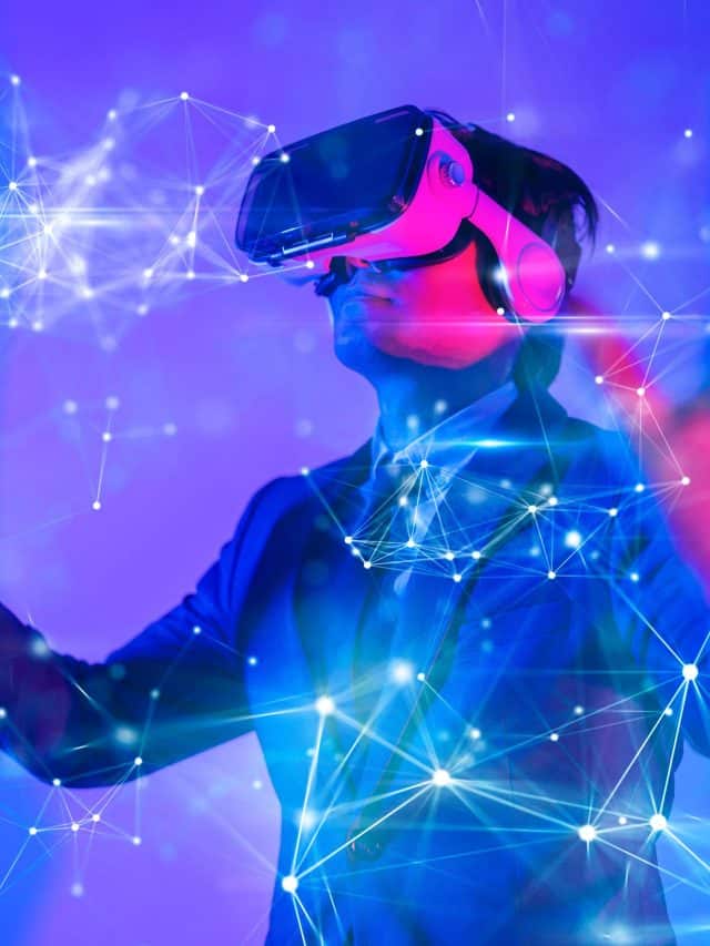 Metaverse digital cyber world technology, man with virtual reality VR goggle playing AR augmented reality game and entertainment, NFT game futuristic lifestyle