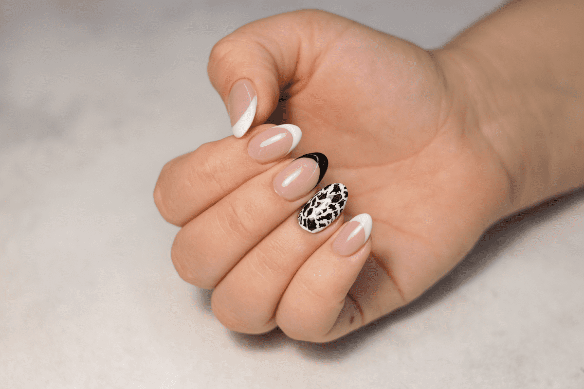 Image of a french manicure with white or black tips. One fingernail is completely painted in cowhide print.