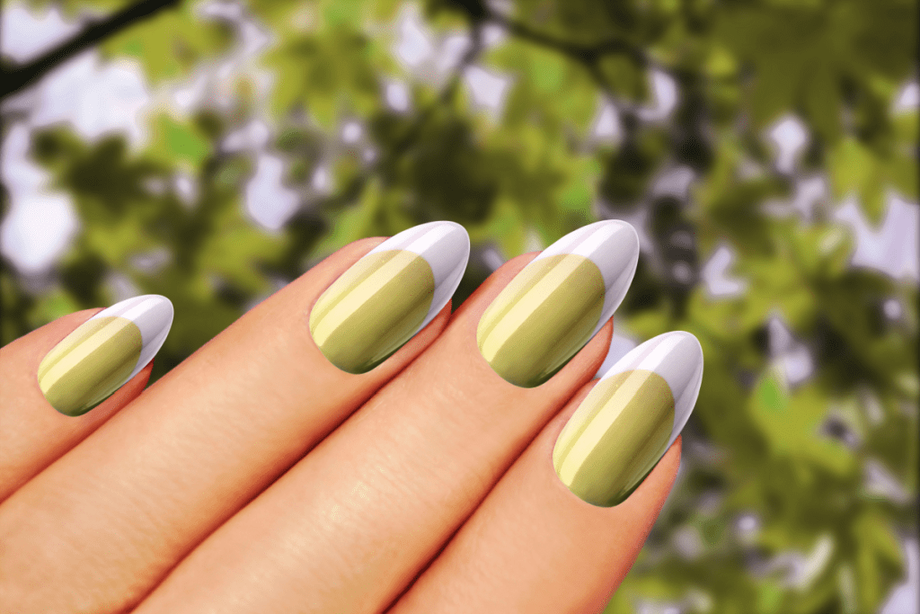 Image of a french manicure with a metallic green base and silver tip.