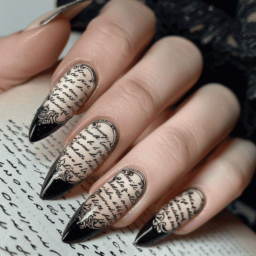 book lover's nail art design. classic poetry lines in elegant script on French tips