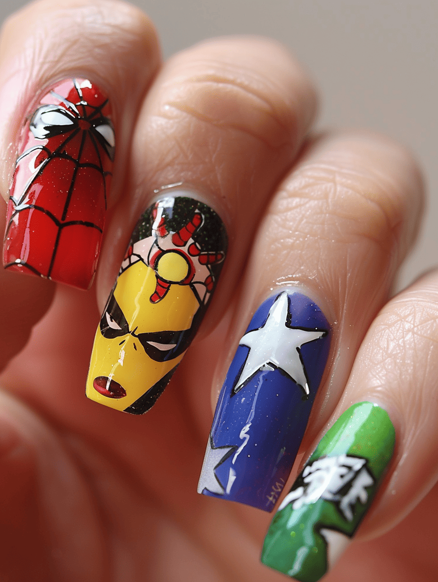 book lover's nail art design. comic book explosions and characters on long nails with bold lines