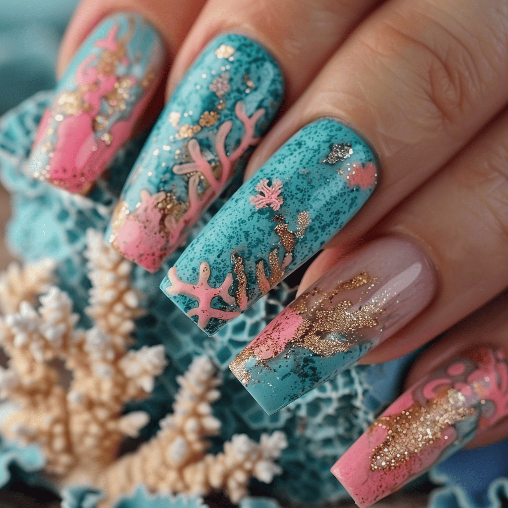 ocean-inspired nail design with coral reef colors like pink and gold flecks