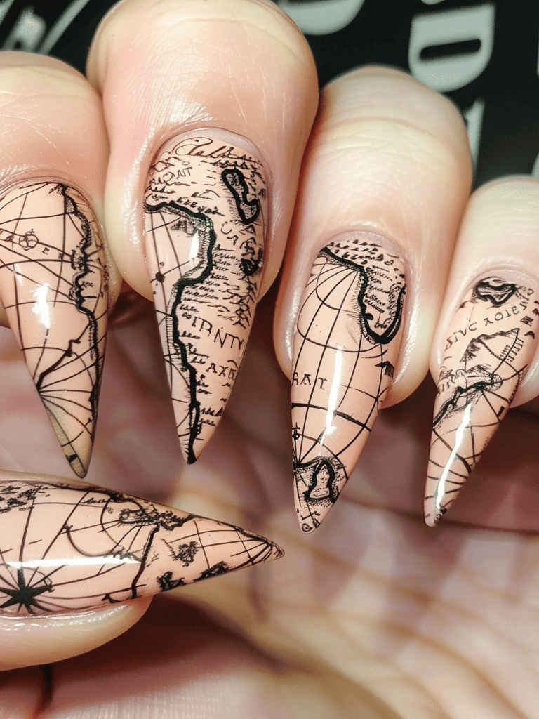 book lover's nail art design. fantasy map outlines on pointed nails