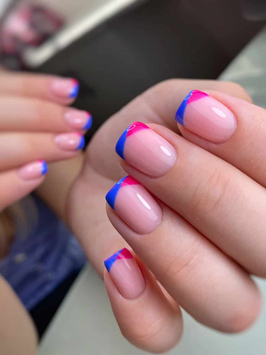 glossy nails with pink and blue geometric tips
