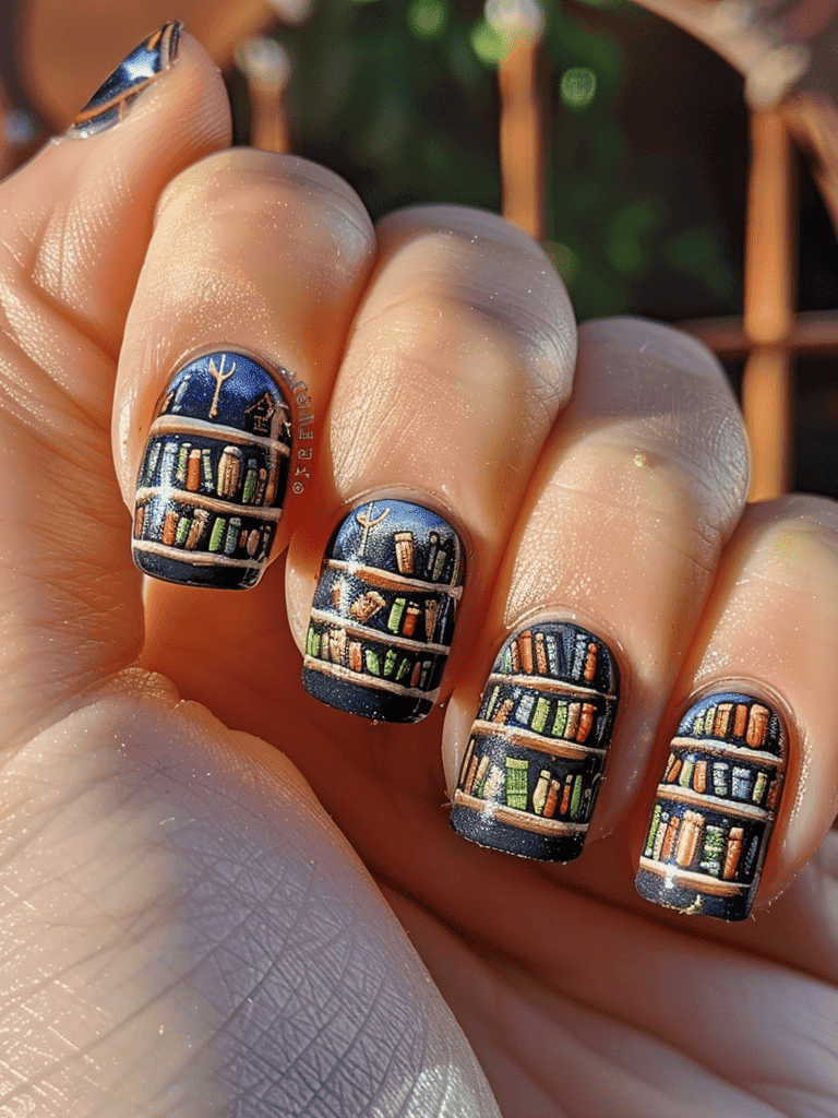 book lover's nail art design. miniature bookshelf on square nails