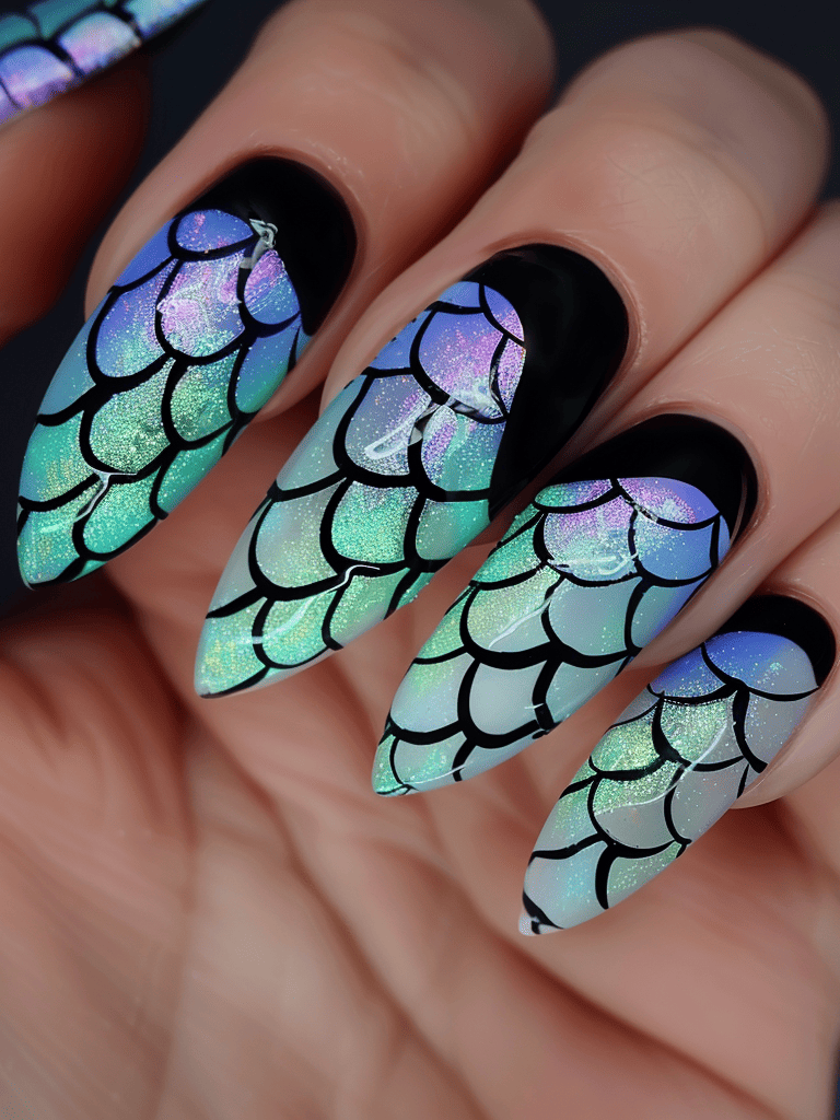 ocean-inspired nail design with neon fish scale pattern and black outline