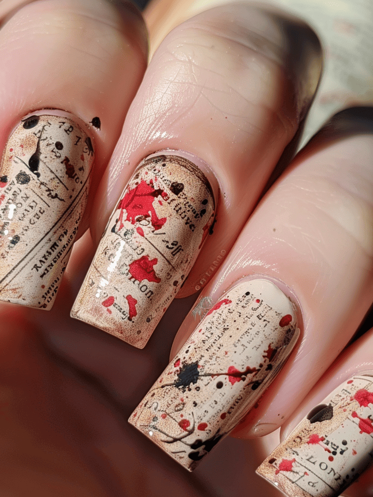 book lover's nail art design. parchment texture with ink splatter on natural nails