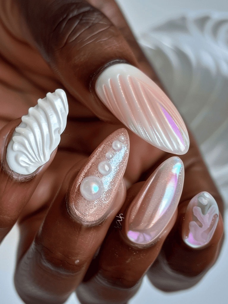 ocean-inspired nail design with pearlescent white and seashell pink