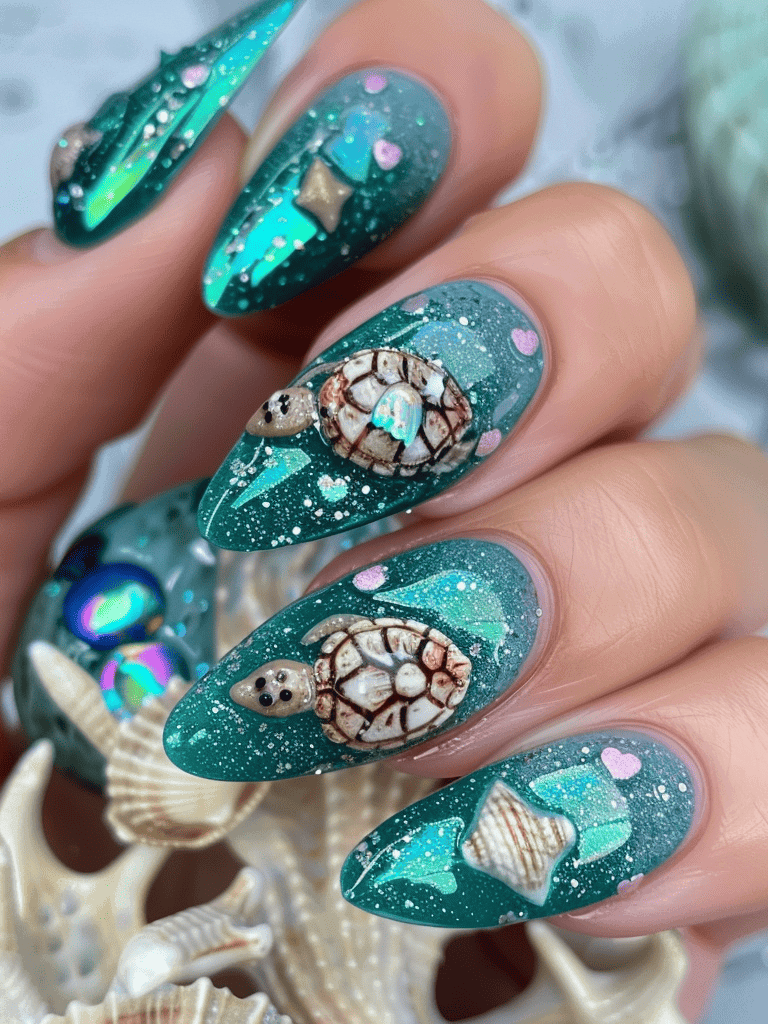 ocean-inspired nail design with sea turtle green and tiny shell accents with sprinkle iridescent glitter