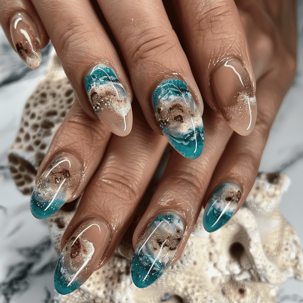 ocean-inspired nail design. shimmering turquoise. beige sand texture
