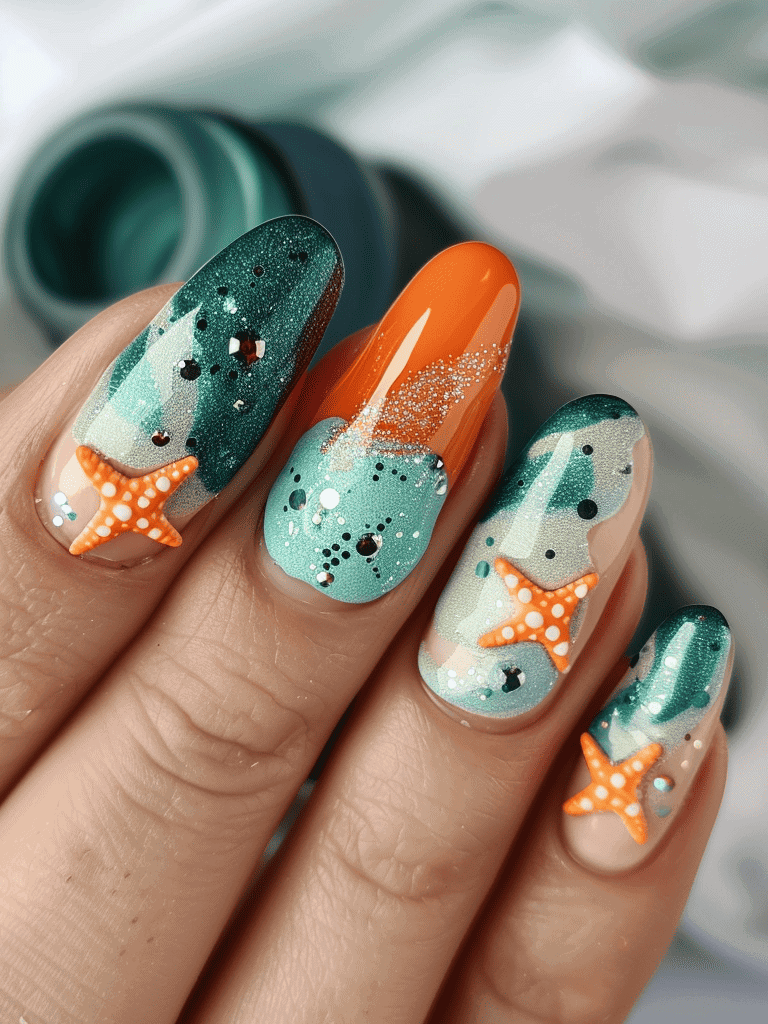 Starfishes and beach sand designs for the nails
