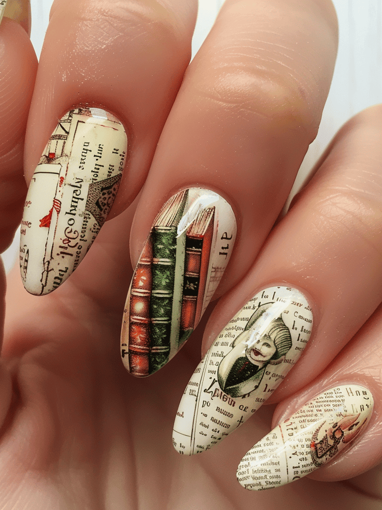 book lover's nail art design. vintage book cover art on almond-shaped nail