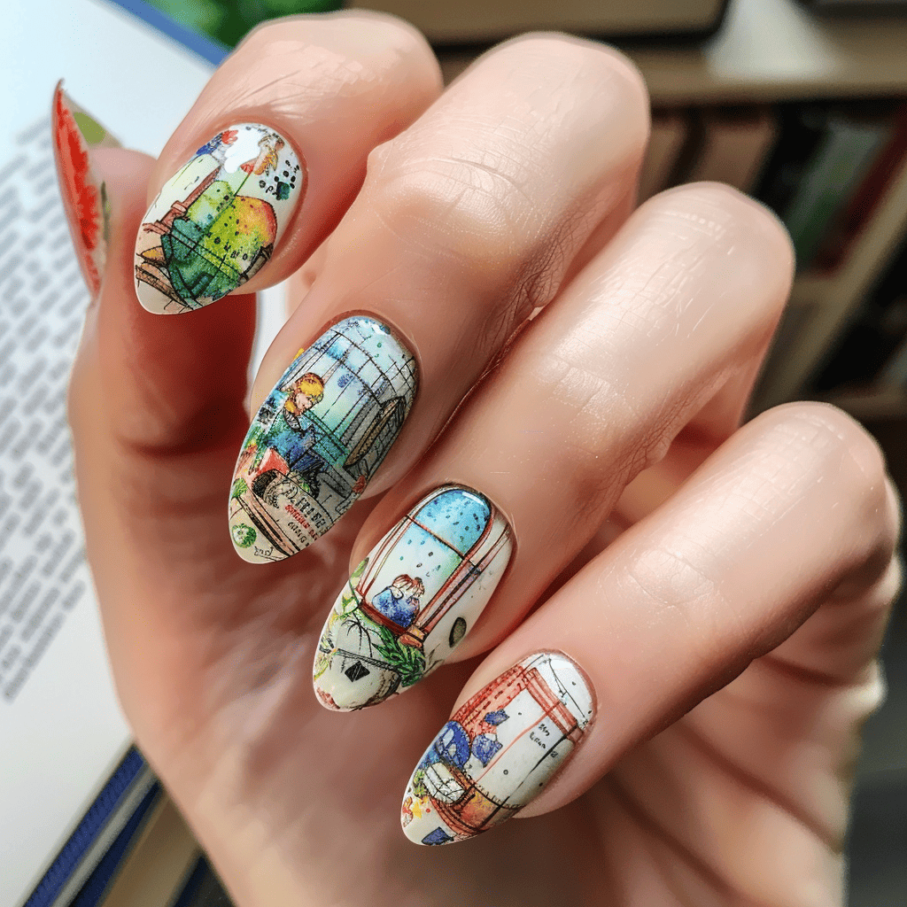 book lover's nail art design. watercolor illustrations from children's books on oval nails