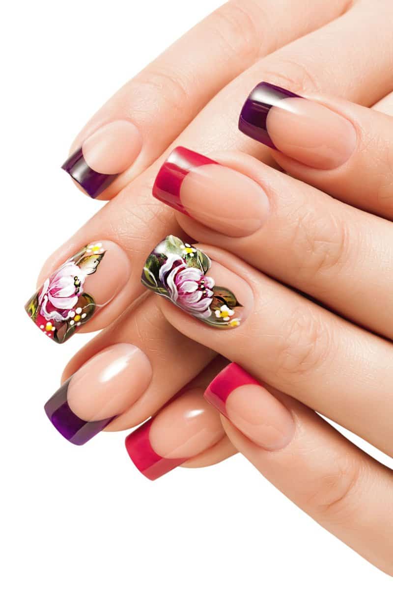 French manicure with purple gradient and floral design