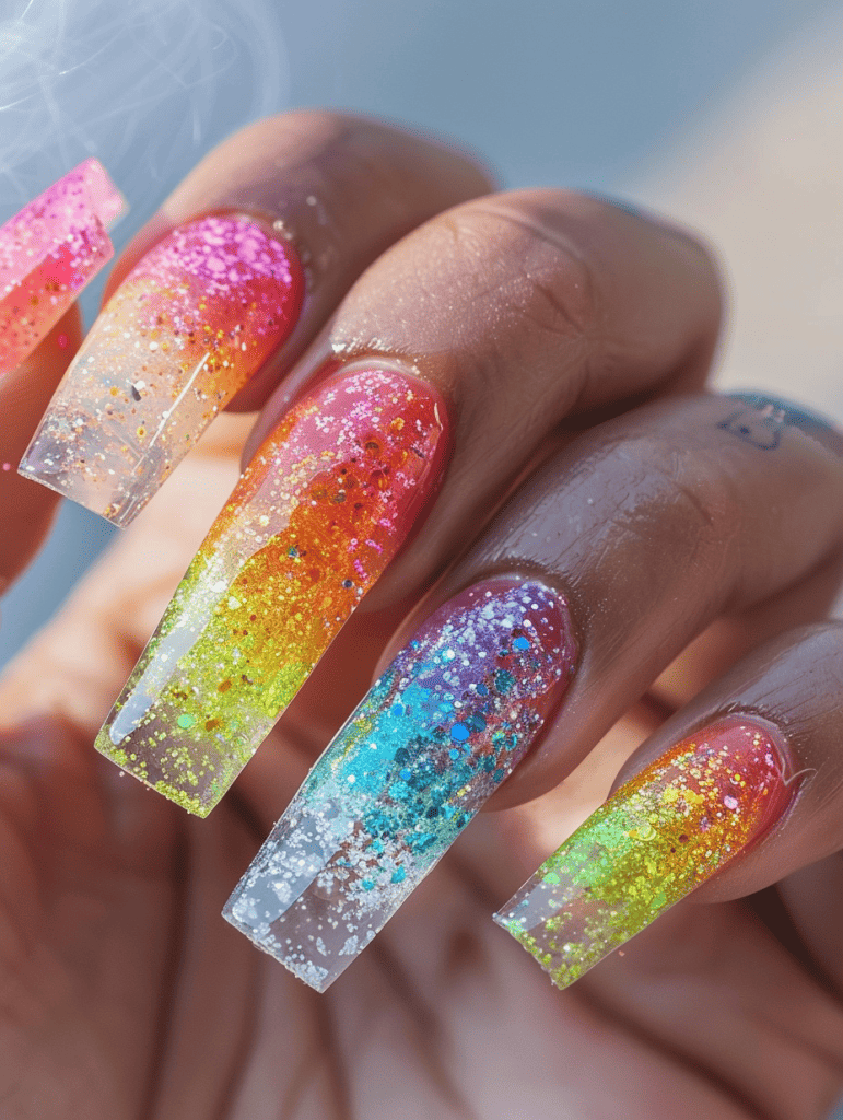 Glitter nail design with rainbow glitter on clear nails