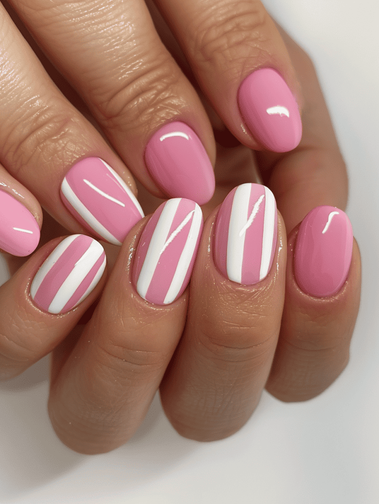 Stripe nail design with thin white stripes over pink nails