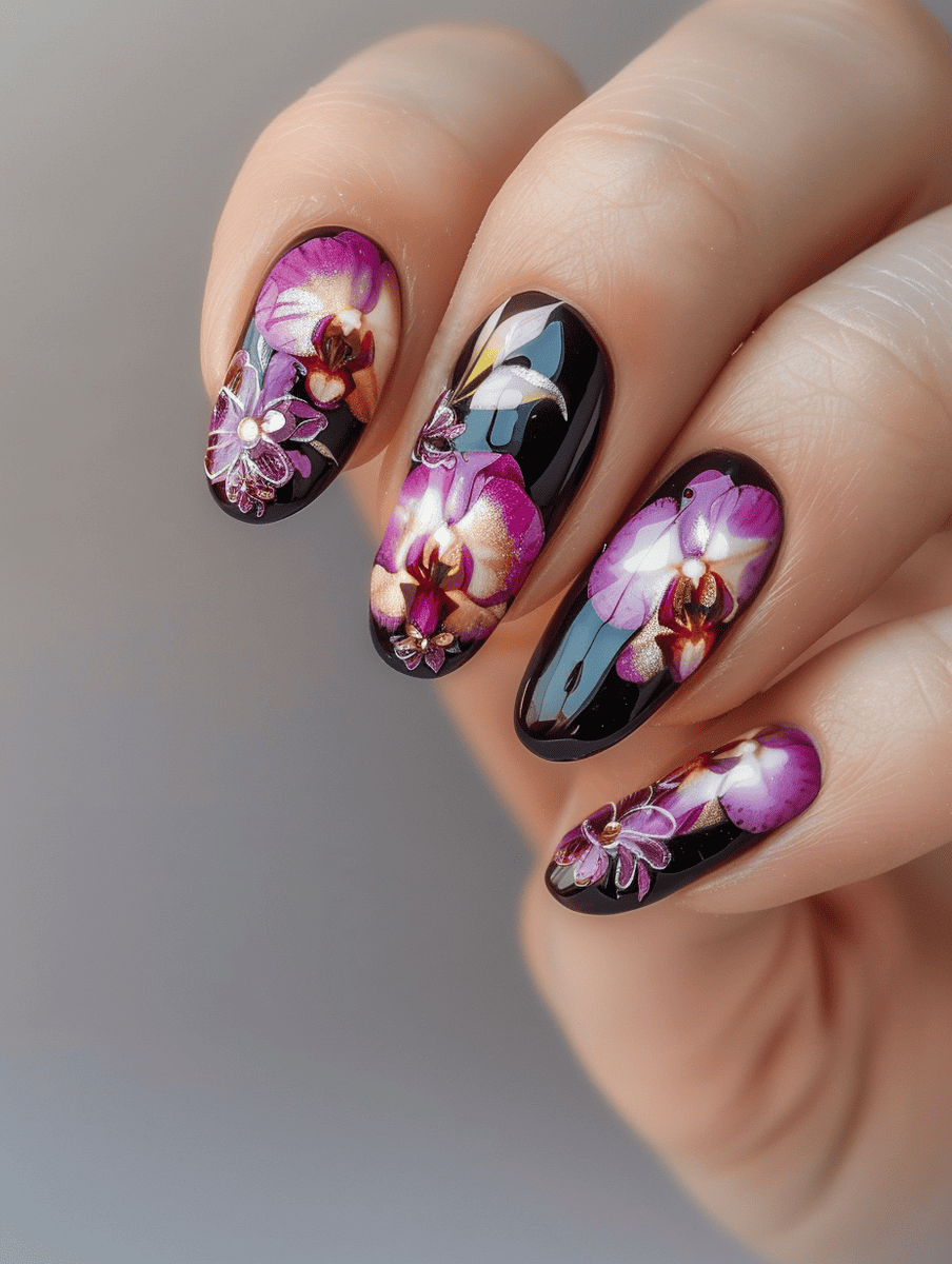  floral nail art design with orchids on a deep purple background