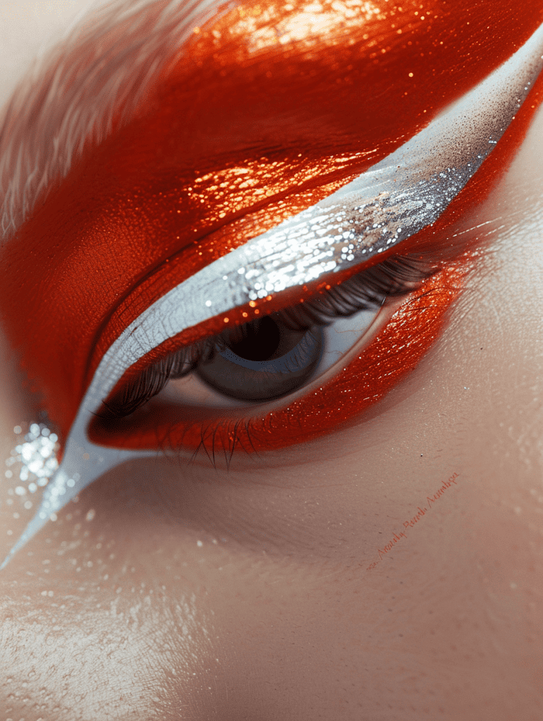 Orange-red eyeshadow, silver glitter at inner corner of eye, bold white winged eyeliner