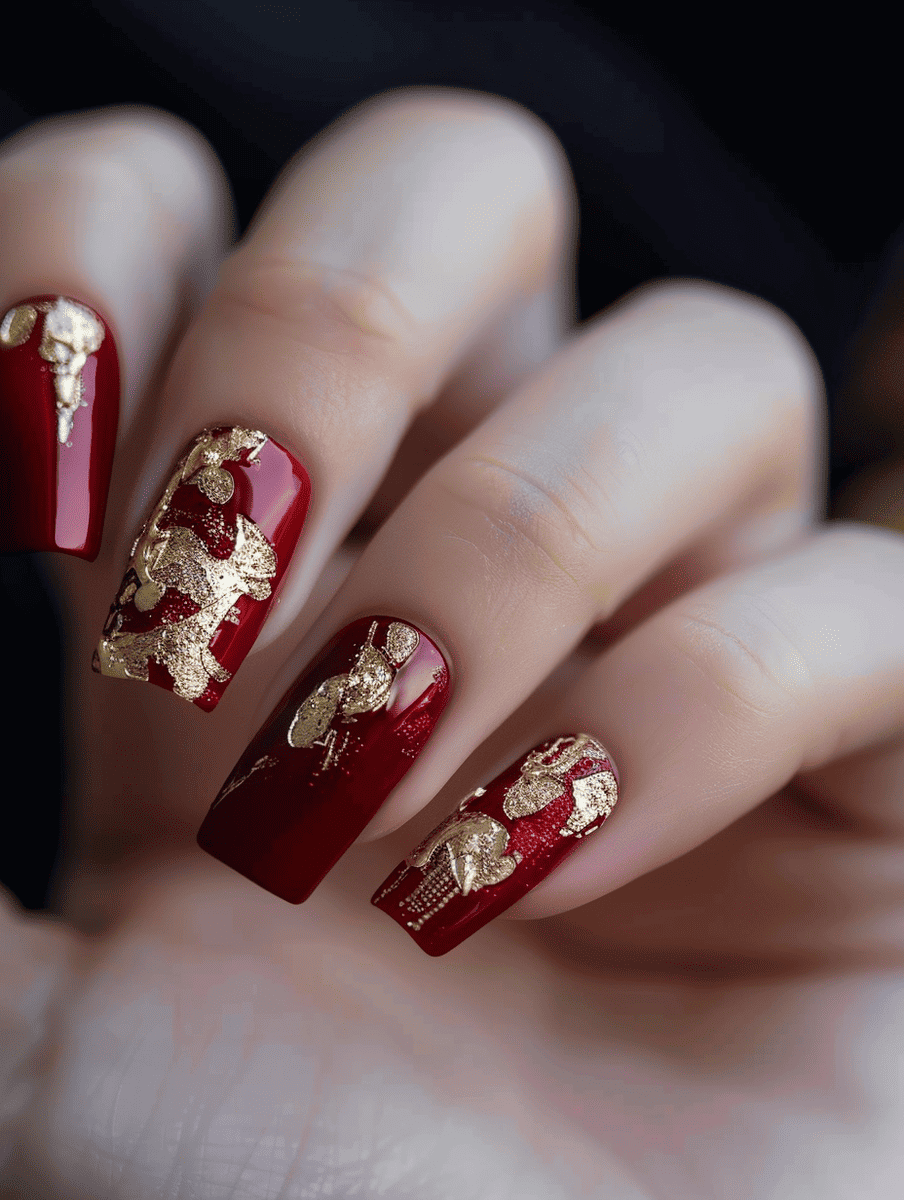 red and gold nail art. gold foil accents on deep red