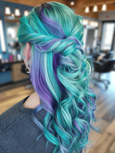 Aqua, Mint, and Purple Cascade hairstyle