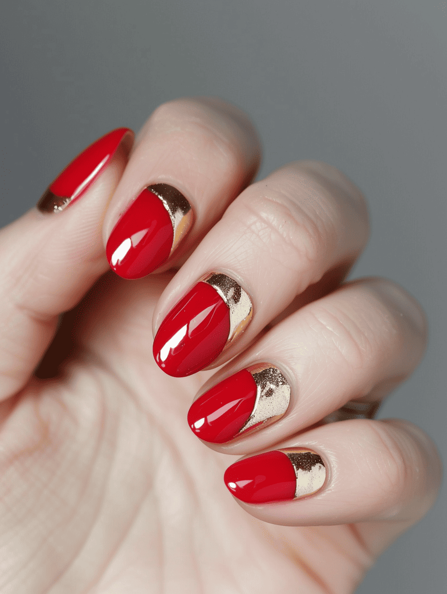 red and gold nail art. red with gold half-moons