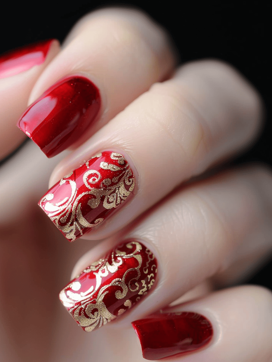 red and gold nail art. red with intricate gold detailing