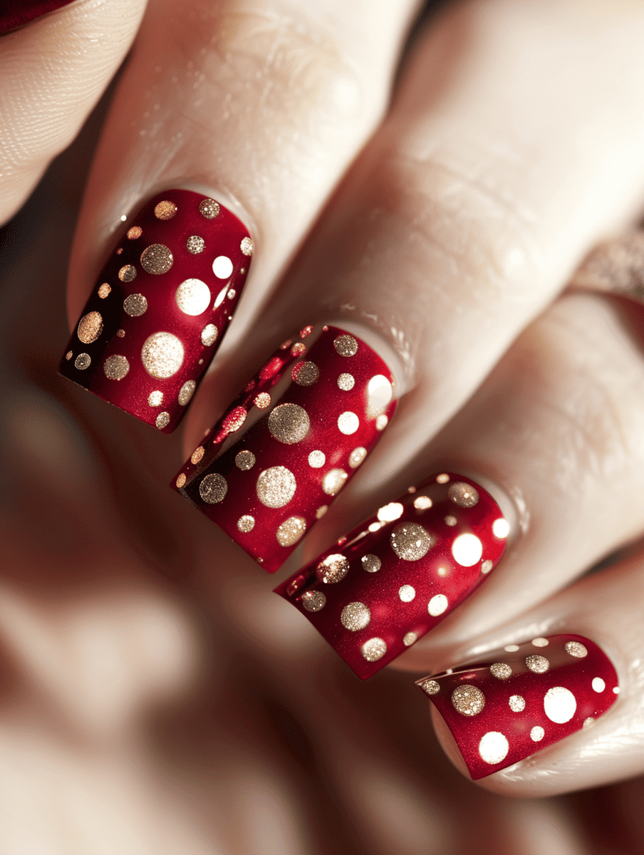 red and gold nail art. red with gold polka dots
