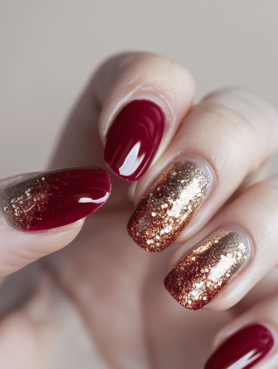 red and gold nail art. red, gold, and silver sparkly gradient