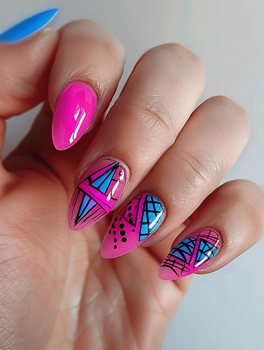 neon nail art. neon pink with electric blue geometric patterns