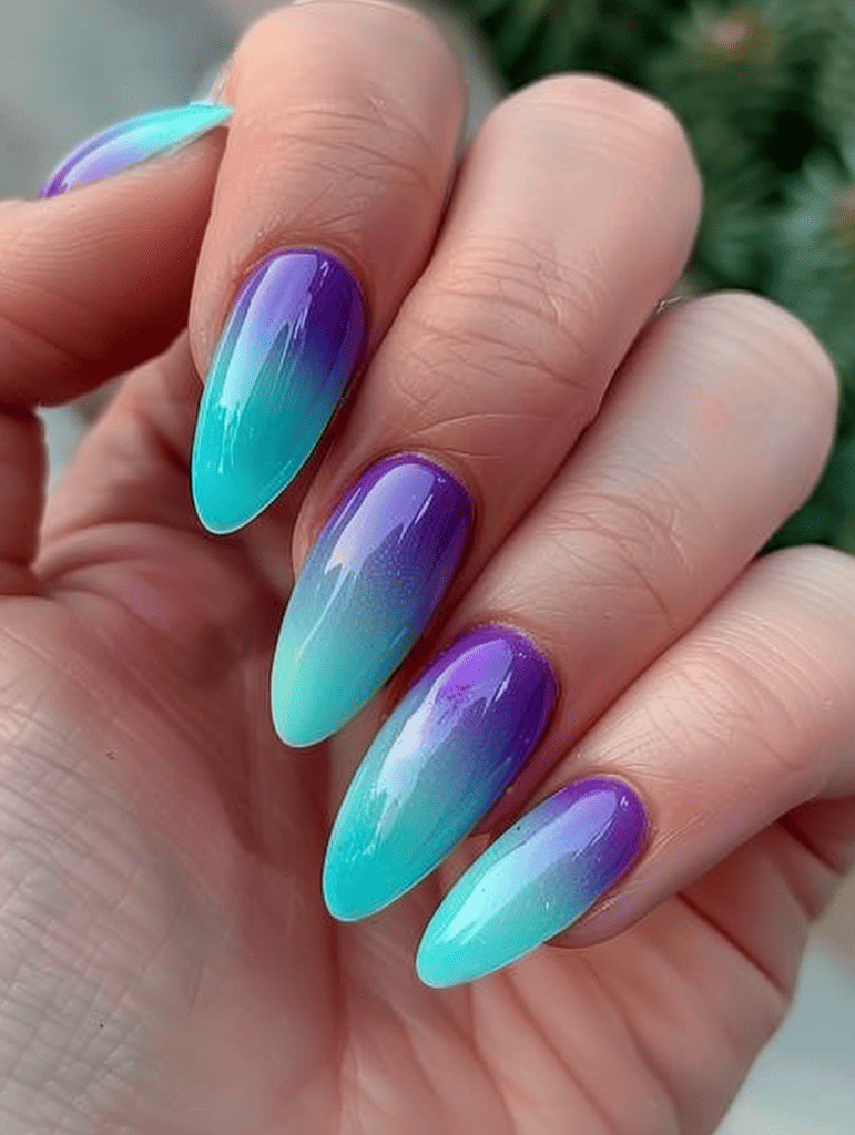 ombre nail design. turquoise to lavender transition