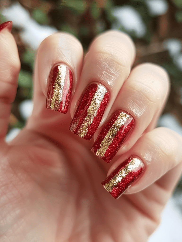 Stripe nail design with glittery gold vertical stripes on red nails