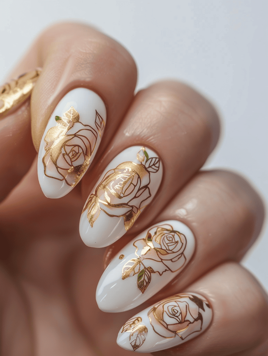 floral nail art design with gold-outlined roses on a white base