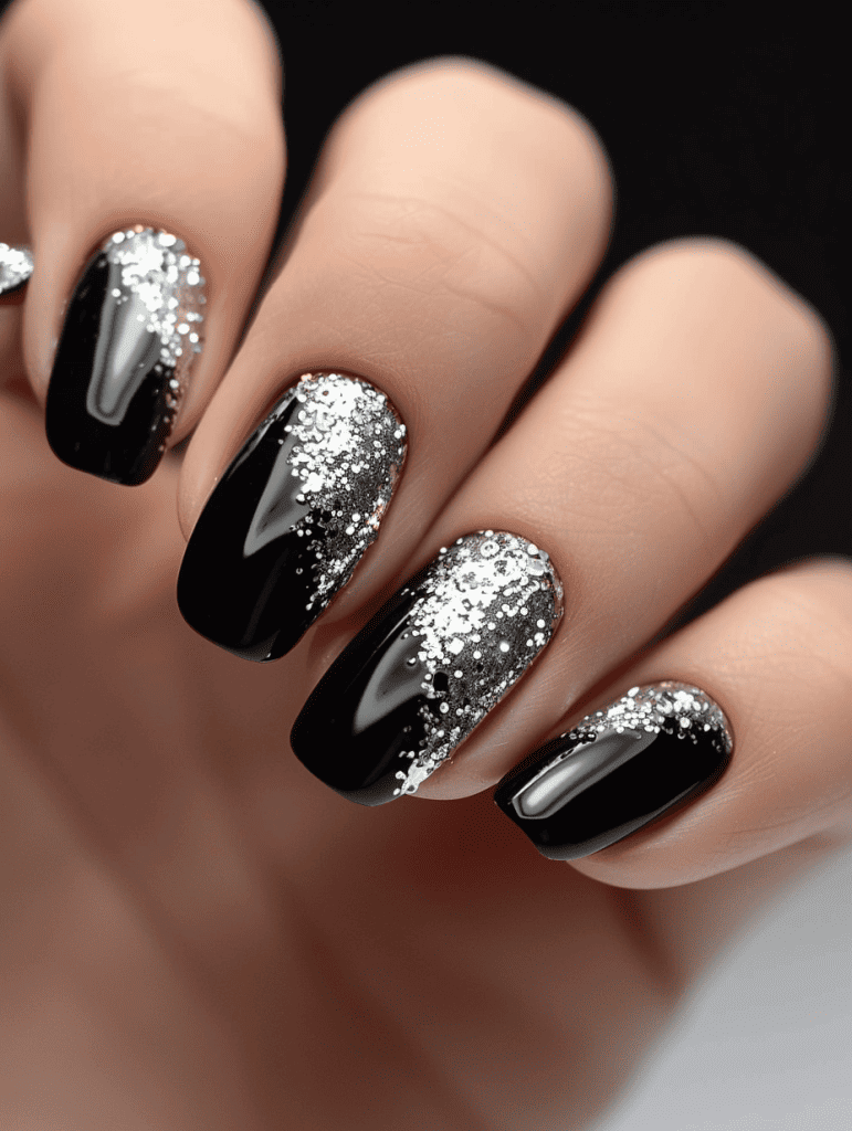 Glitter nail design with silver glitter on a black base