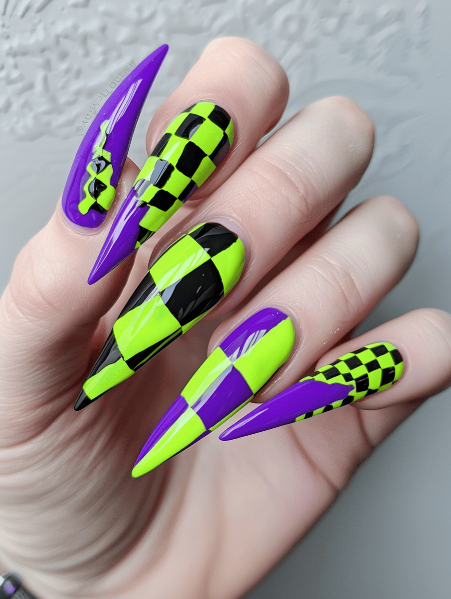 neon nail art. electric purple with neon green checkerboard