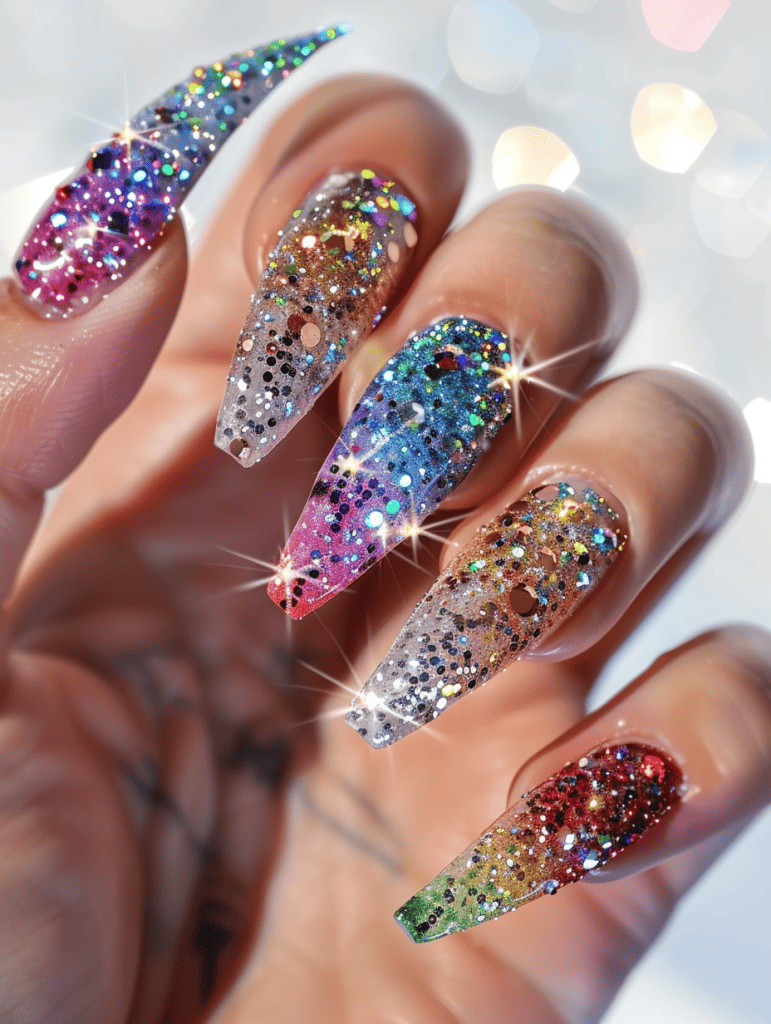 Glitter nail design with full coverage in multicolored glitter
