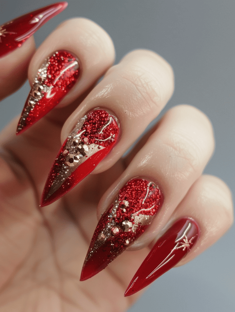 Glitter nail design with red glitter and gold accents
