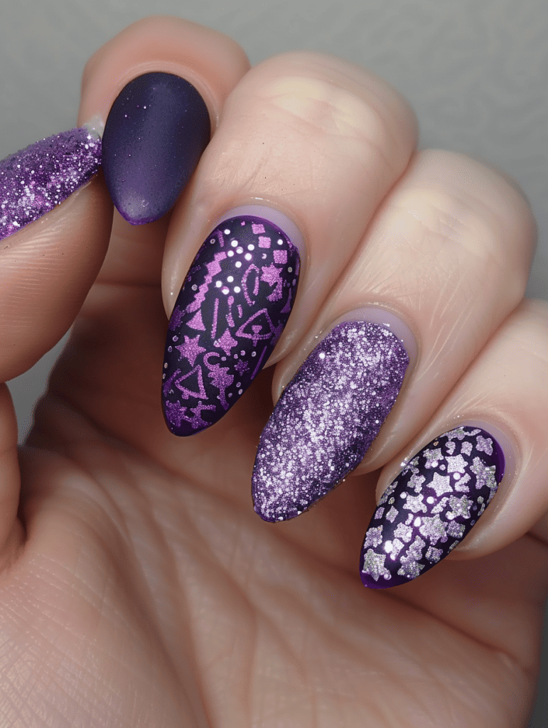 Glitter nail design with purple glitter under a matte top coat