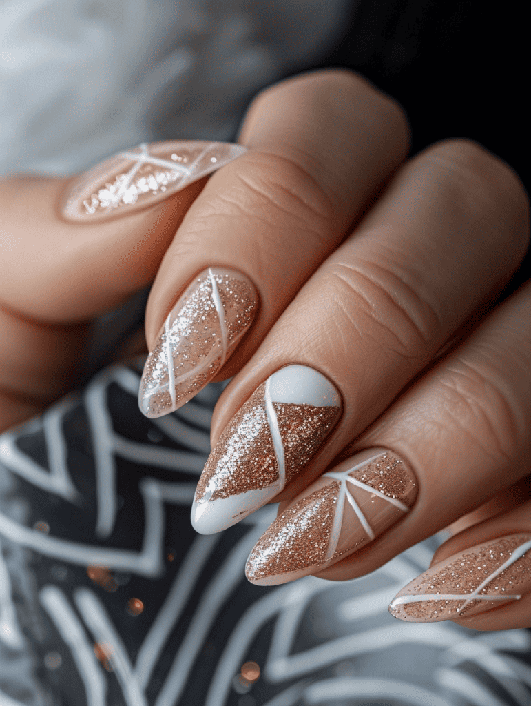 Glitter nail design with rose gold glitter and geometric patterns