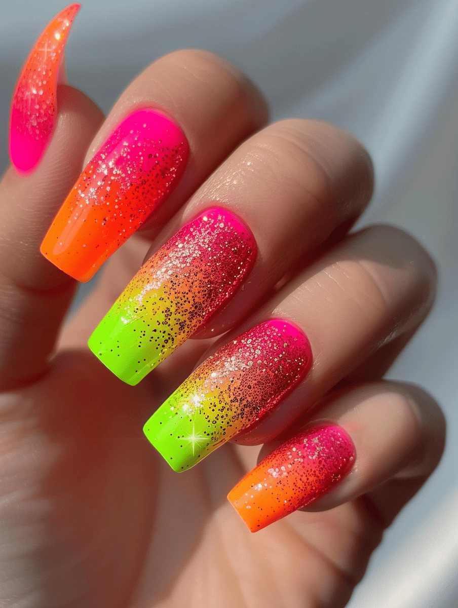 neon nail art. vibrant neon gradient with glitter accents