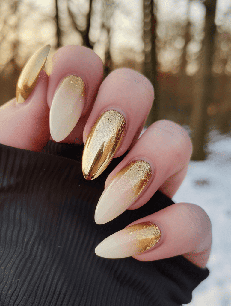ombre nail design. beige to gold glitter transition