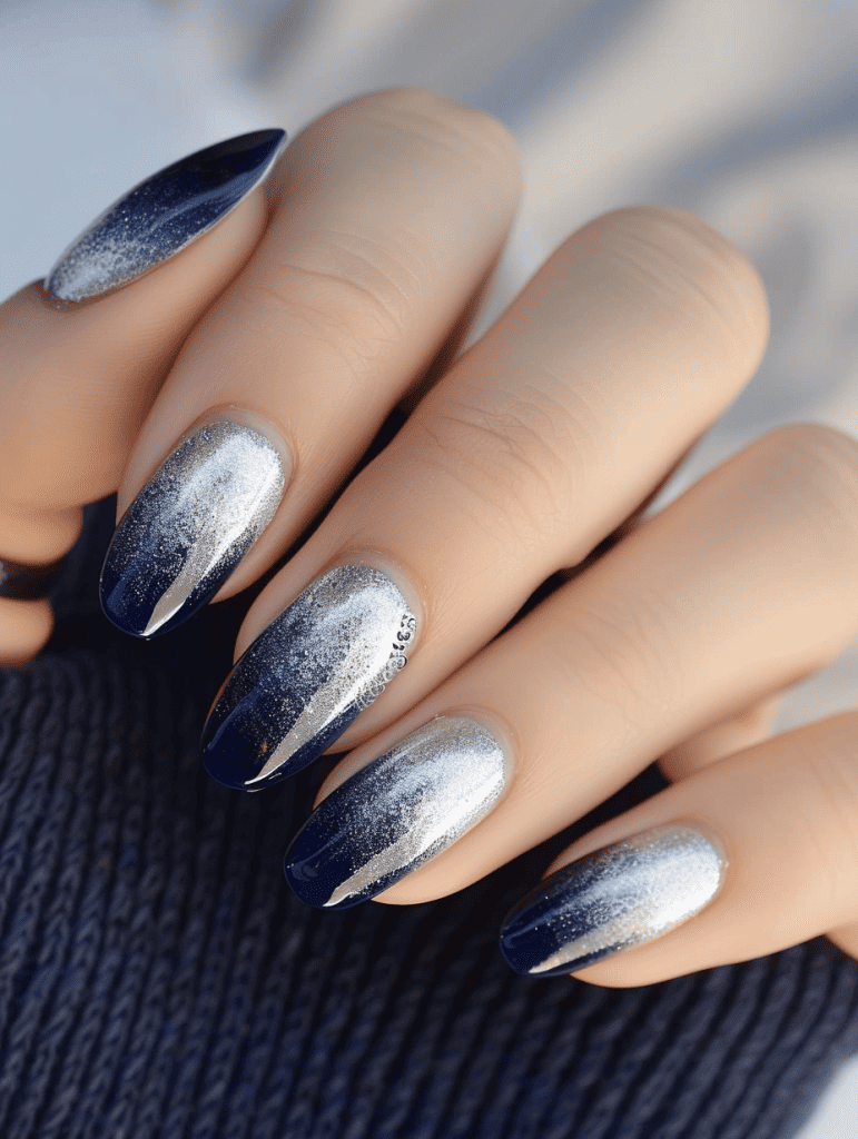 ombre nail design. silver to navy blue transition